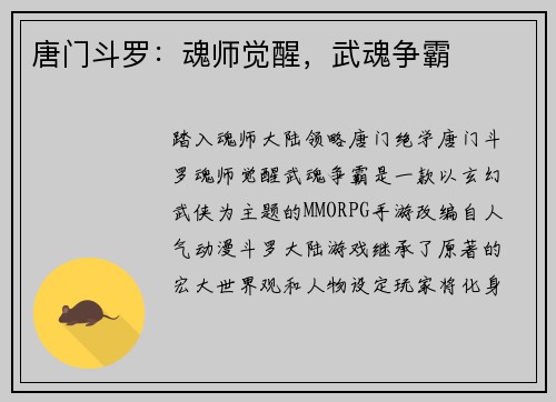 唐门斗罗：魂师觉醒，武魂争霸