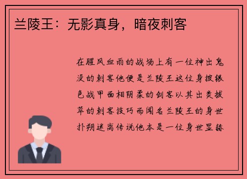 兰陵王：无影真身，暗夜刺客